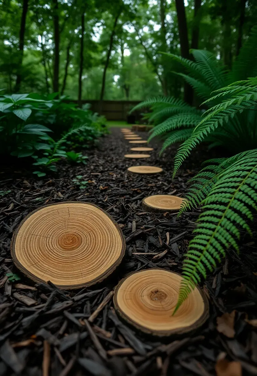 Pathway made from natural wood slice rounds set into dark mulch with ferns and hostas alongside in a shaded backyard