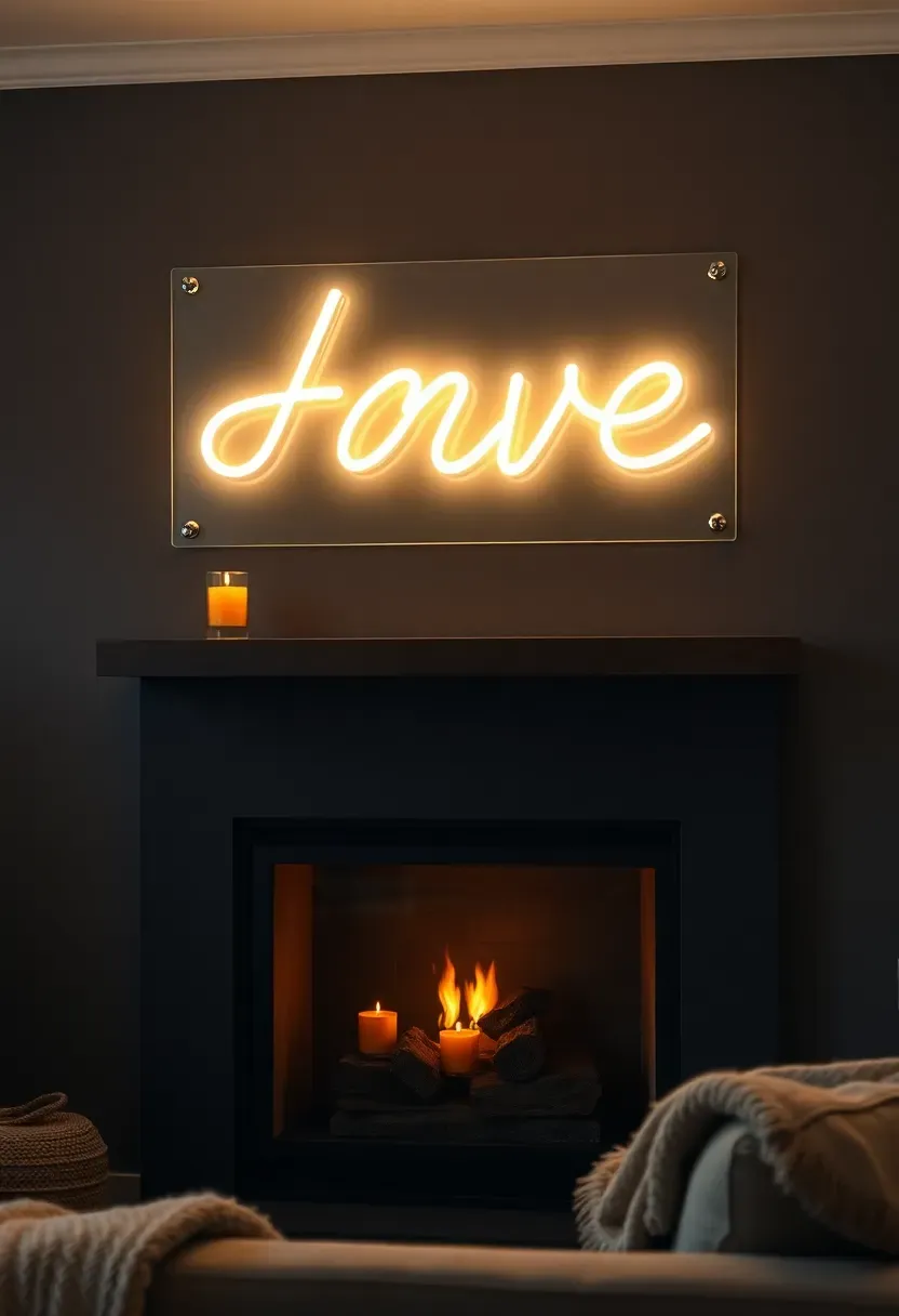 Warm white neon sign with cursive lettering mounted above a modern dark fireplace in a cozy room