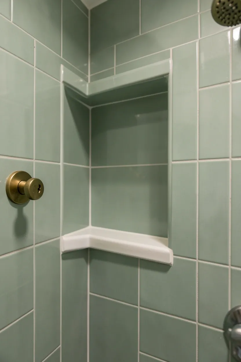 Recessed sage green shower niche with built-in shelving tiled in contrasting sage shades, brass trim detail