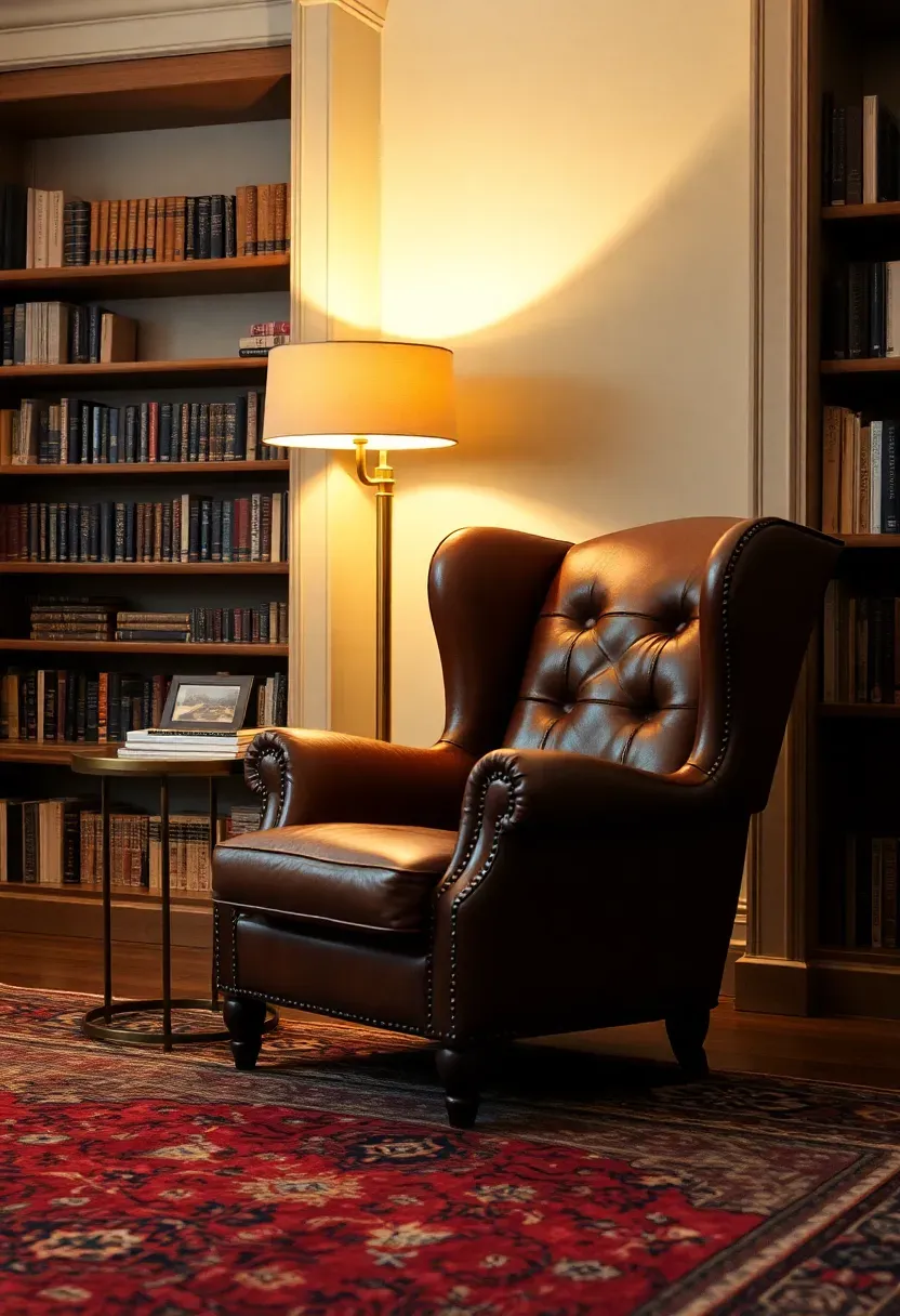 Hyper-realistic 3/4 view of brown leather wingback chair with brass floor lamp, small side table, bookshelves in background, Persian rug. Materials: cognac leather, brass lamp, wood shelves, mixed books, wool rug. Warm lamplight (2700K) with ambient fill, soft shadows. Classic composition, sharp leather and brass details, traditional elegant mood, visible room with built-in shelving. No text, no logos, no watermarks.</p>