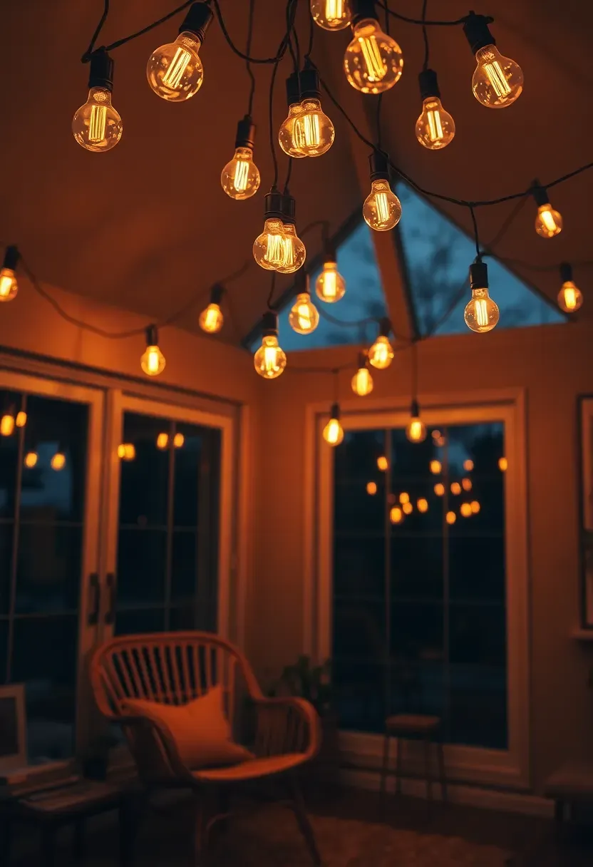 string light canopy strung across sunroom ceiling creating warm evening ambiance
