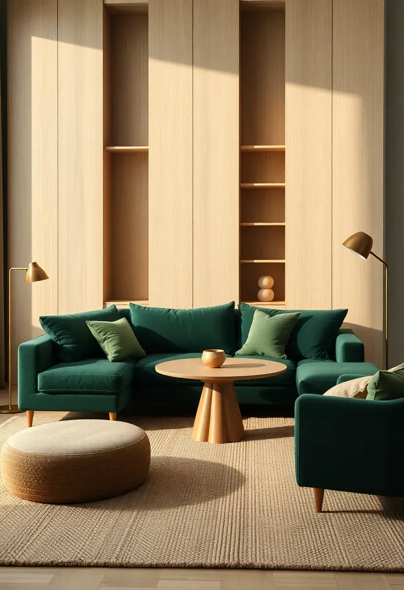 Deep green sectional with pale wood storage wall