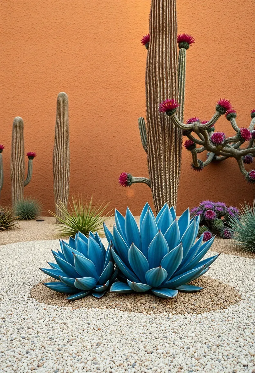 Sculptural garden arrangement of blue agave, tall ocotillo with red-tipped blooms, and clustered prickly pear against a rammed earth wall in afternoon desert light