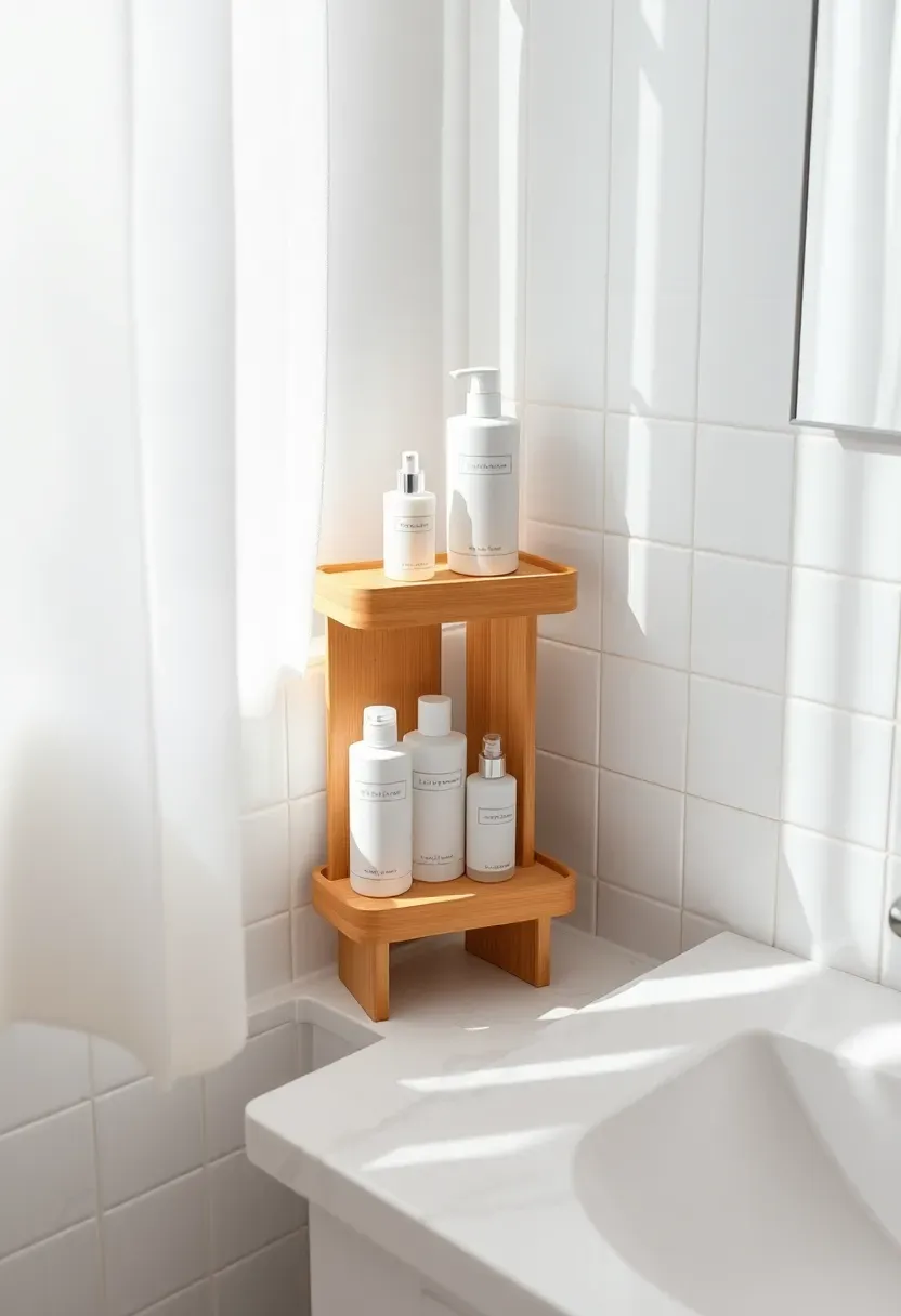 Two-tier white corner shelf riser on a bathroom counter with skincare products neatly arranged