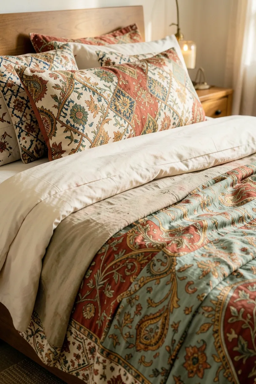 Boho bedroom bed layered with Moroccan tile, Indian paisley, and solid linen bedding for a global-inspired eclectic look