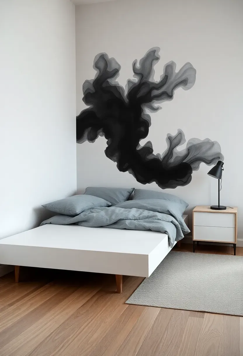Minimalist bedroom with a monochrome ink bleed accent wall showing abstract black ink diffusing into white creating organic cloud-like patterns
