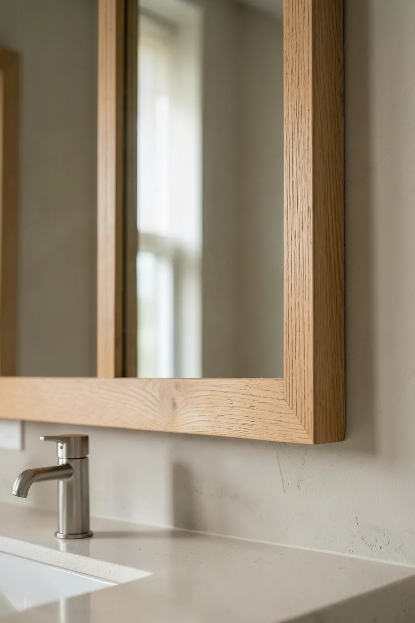 Plain builder-grade bathroom mirror transformed with a rustic wood frame kit, adding warmth and style to a rental apartment bathroom
