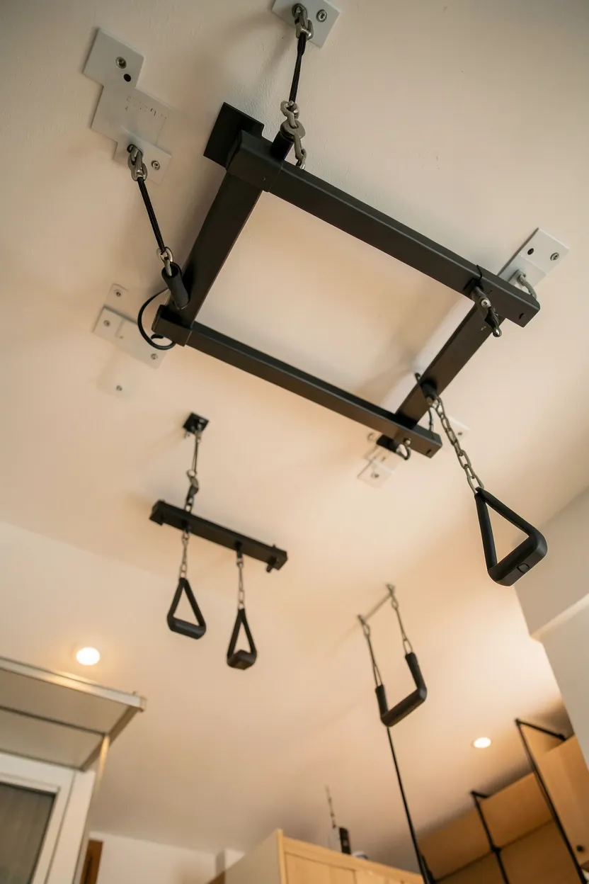 Ceiling-hoisted pulldown bar system with pulley lowering a barbell and handles from above — overhead home gym storage that maximizes all available vertical space