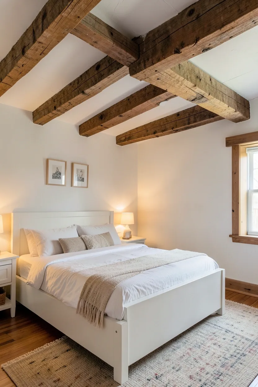 Exposed reclaimed wood ceiling beams over a white farmhouse bedroom with neutral linen bedding and warm ambient lighting