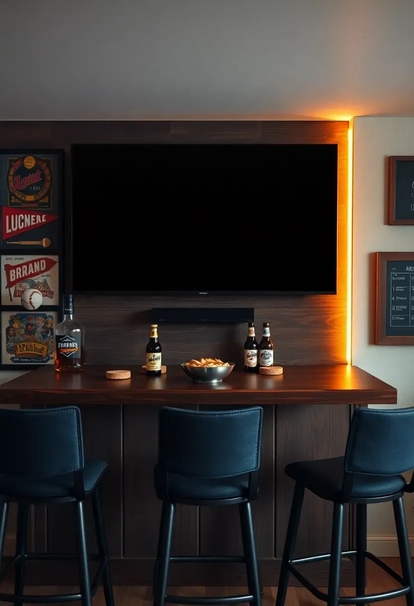 sports themed basement bar area with large wall-mounted TV above bar counter team memorabilia on walls and bar stools with jersey fabric seats