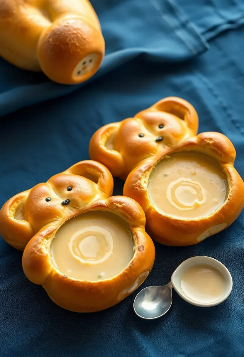 teddy bear shaped bread bowls filled with creamy soup, arranged on a blue linen tablecloth with small spoons