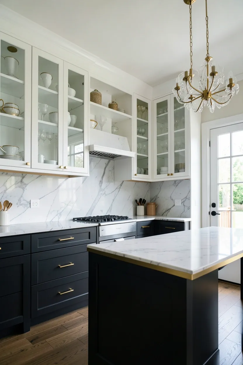 Glass-front white shaker upper cabinets displaying porcelain and gold-rimmed glassware above dark charcoal lower cabinets with brass hardware in a luxury kitchen