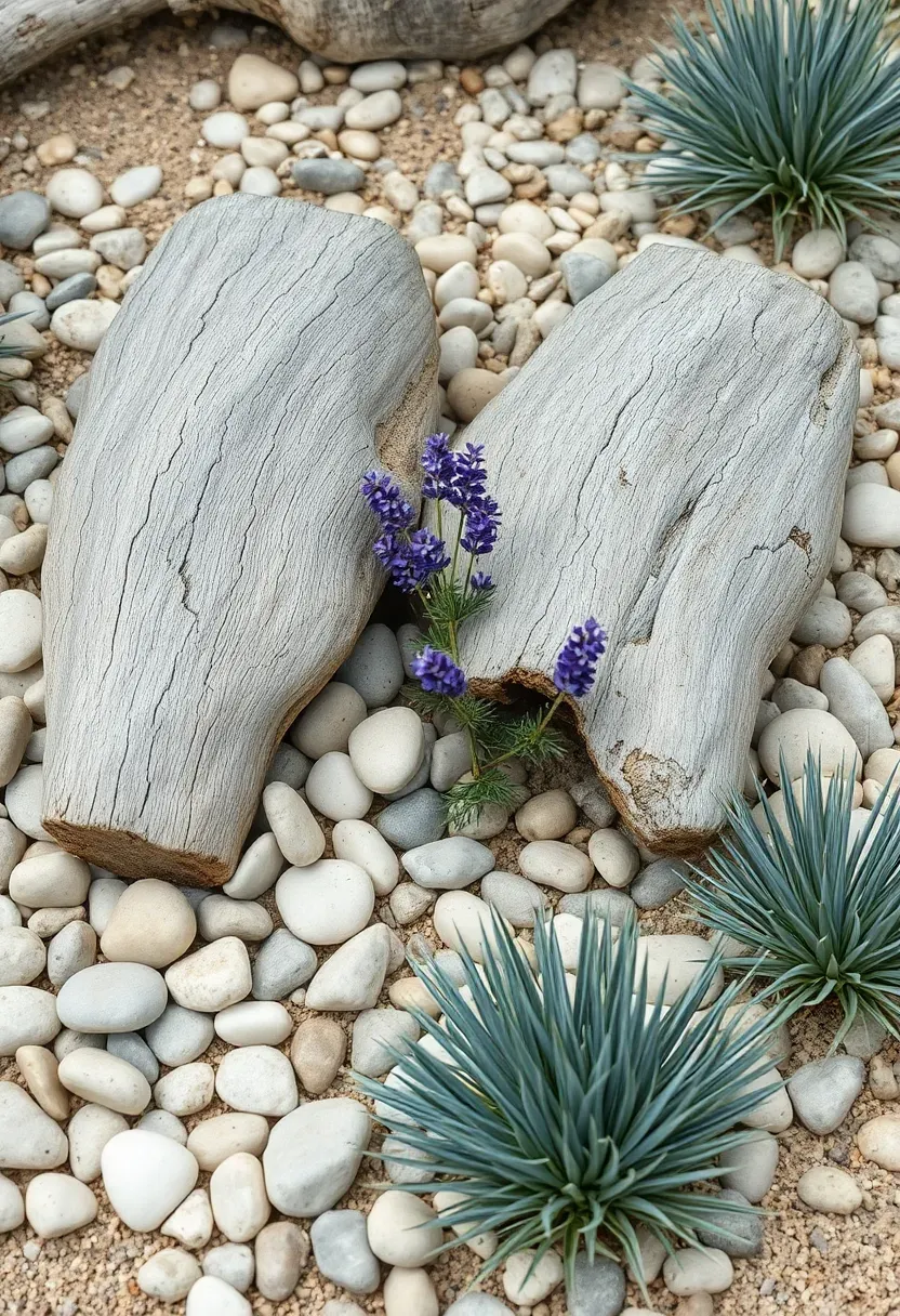 Coastal-inspired garden with sun-bleached driftwood pieces, smooth sea pebbles, sea lavender, and spiky blue lyme grass in a sandy, well-drained bed