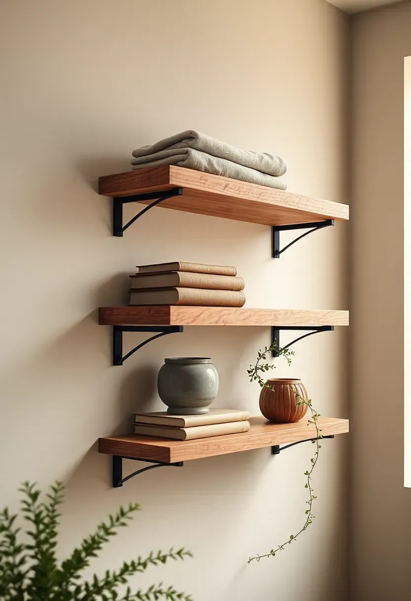 Open wooden shelving with folded linen textiles, ceramic vessels, and vintage books in a modern shabby chic room