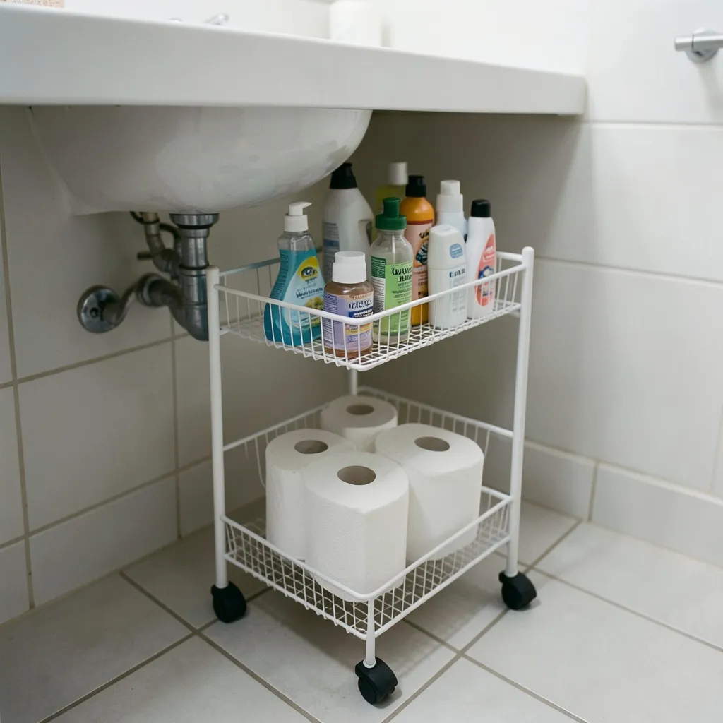 Narrow three-tier white rolling cart tucked under bathroom vanity
