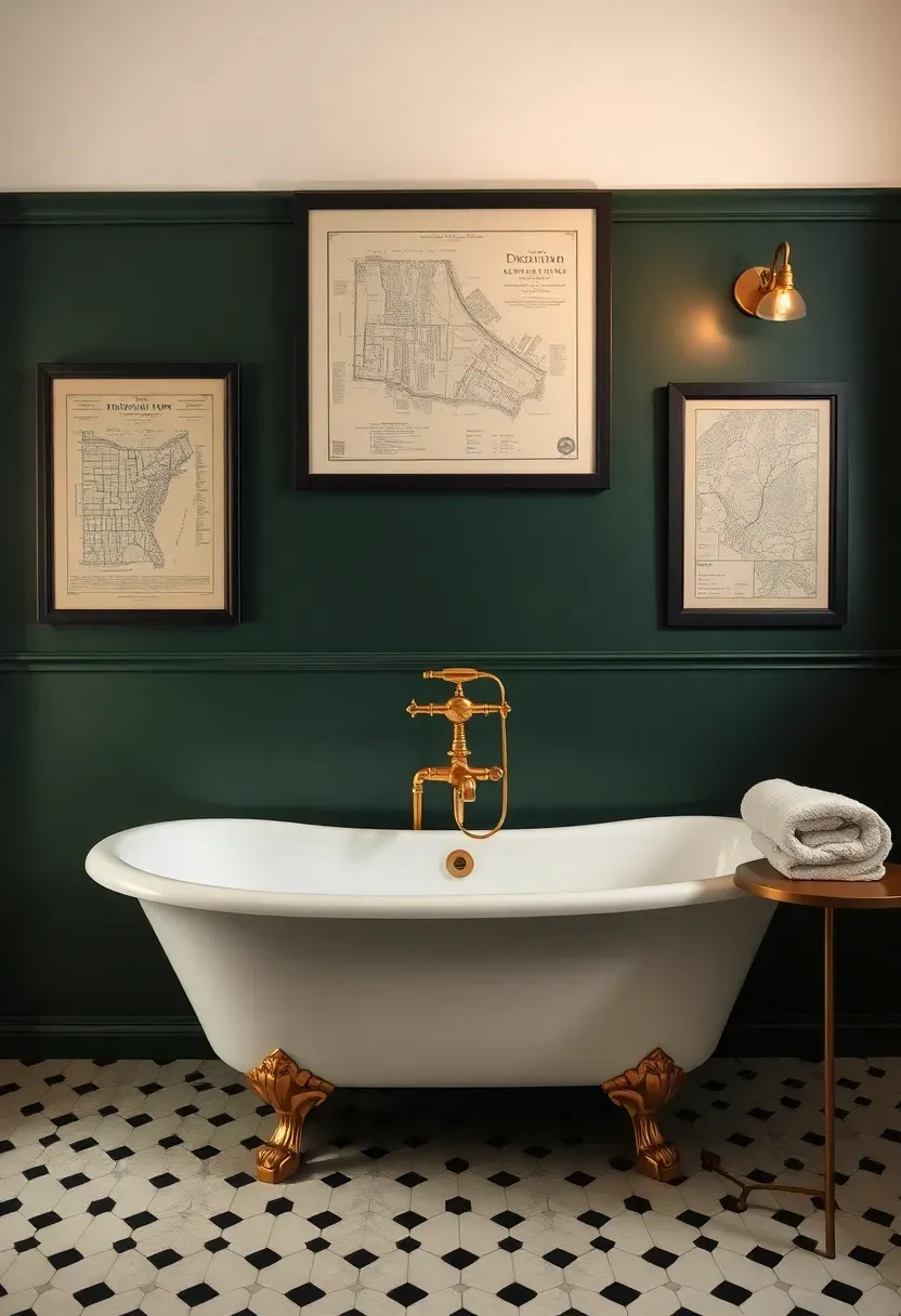 Framed vintage architectural blueprint and a pair of antique map prints hanging in a bathroom with dark green walls and a clawfoot tub