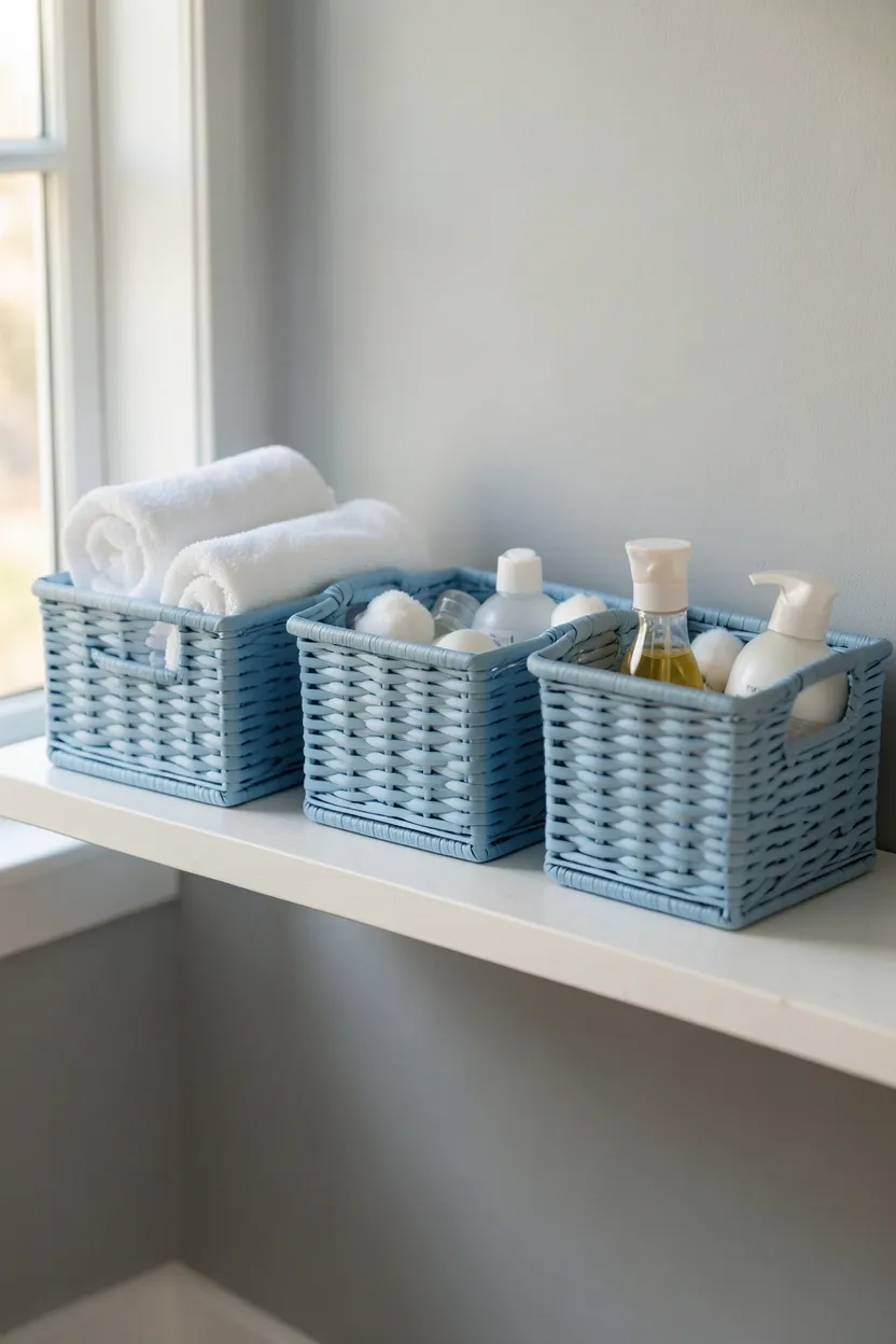 Emerald green glass pendant light hanging over a white bathroom vanity, casting a warm green glow in a modern rental bathroom