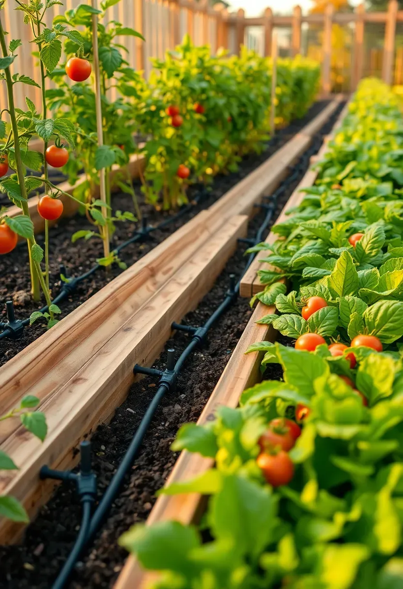 Organized raised bed vegetable garden with visible drip irrigation tubing running along rows of tomatoes, peppers, and leafy greens