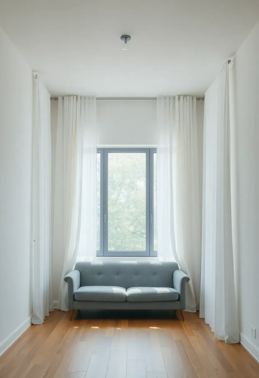 Hyper-realistic view of small minimalist living room with floor-to-ceiling sheer white curtains mounted at ceiling, curtains flanking large window, small apartment with gray sofa, oak floor, abundant filtered light. Materials: sheer white linen or polyester curtains, ceiling-mounted rod, white walls, oak floor. Soft diffused daylight, airy expansive mood. Vertical emphasis creating height illusion, shallow depth of field, no text, no logos, no watermarks.</p>