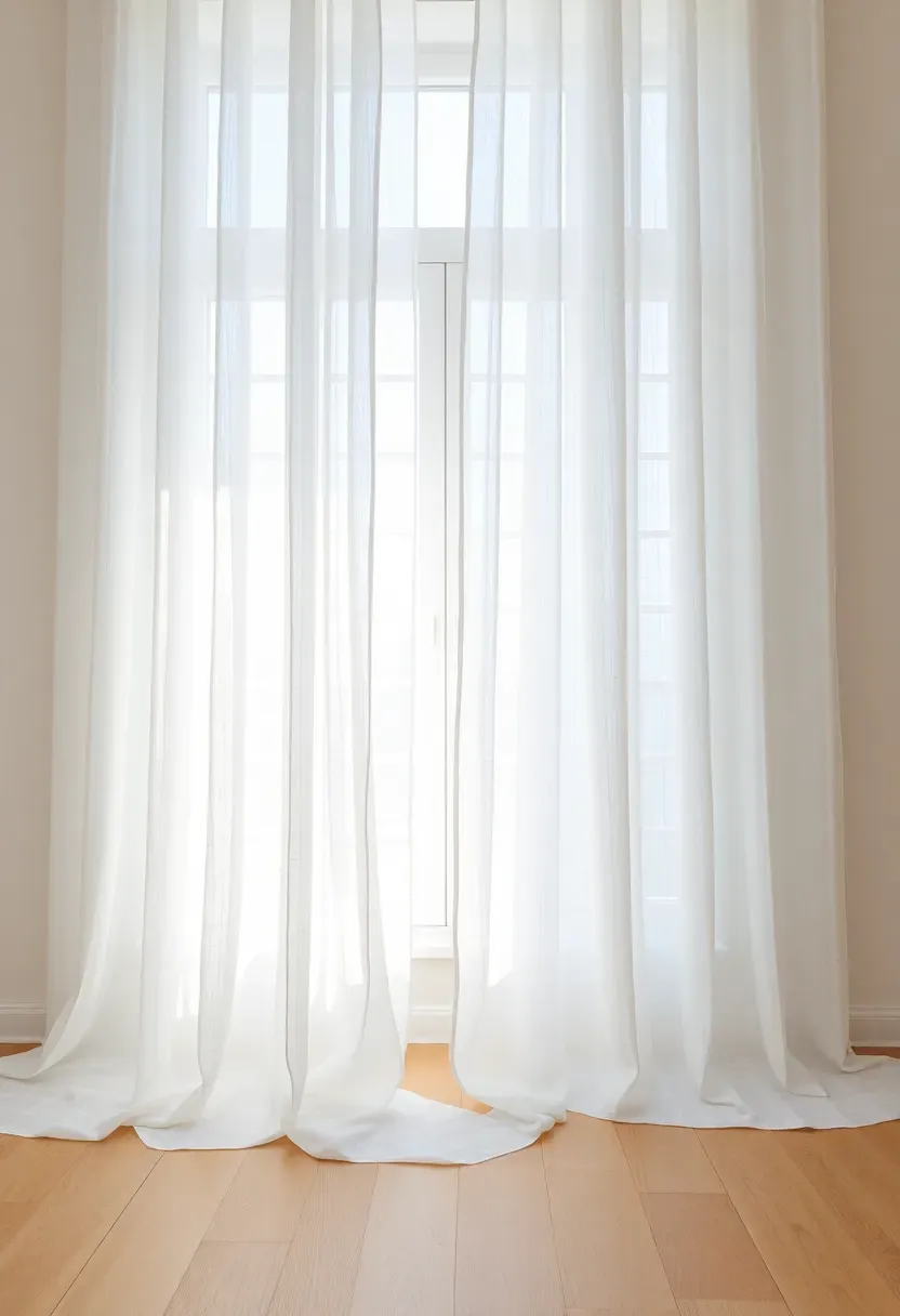 Hyper-realistic view of floor-to-ceiling sheer white linen curtains at large Scandinavian window, fabric pooling 2 inches on light oak floor. Bright Nordic daylight diffusing through semi-transparent fabric creating ethereal glow. White wall, minimal room. Materials: sheer linen voile with visible weave texture, subtle fabric opacity. Soft diffused light streaming through, gentle fabric folds. Airy luminous mood. Shallow depth of field showing fabric texture and light transmission quality. No text, no logos, no watermarks.</p>