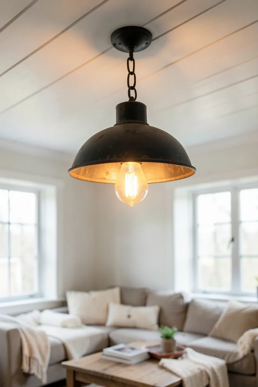 Galvanized metal pendant light casting warm glow over a cozy farmhouse living room seating area