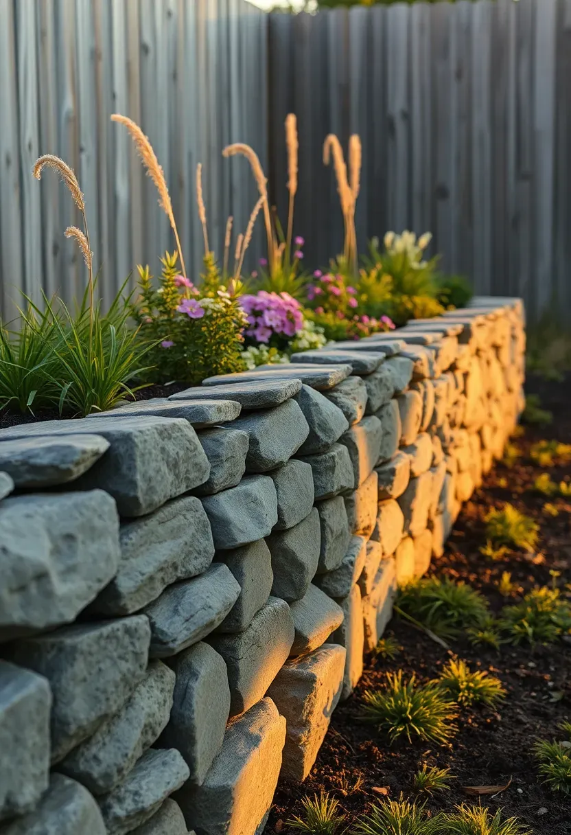 Natural stone-edged raised garden border along a backyard fence, filled with perennial flowers and ornamental grasses, photographed in soft evening light