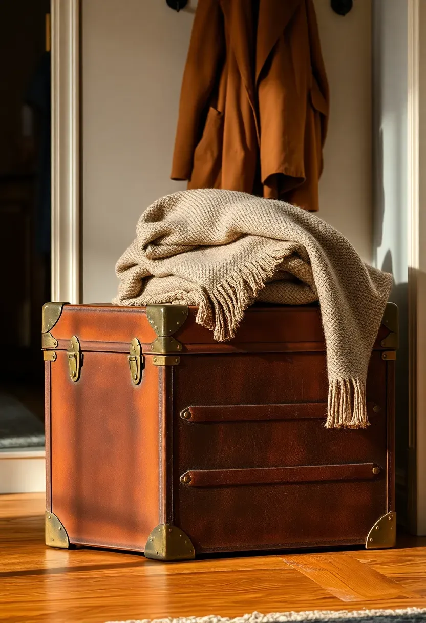 Aged leather and brass vintage steamer trunk with folded blanket draped on top in apartment entryway