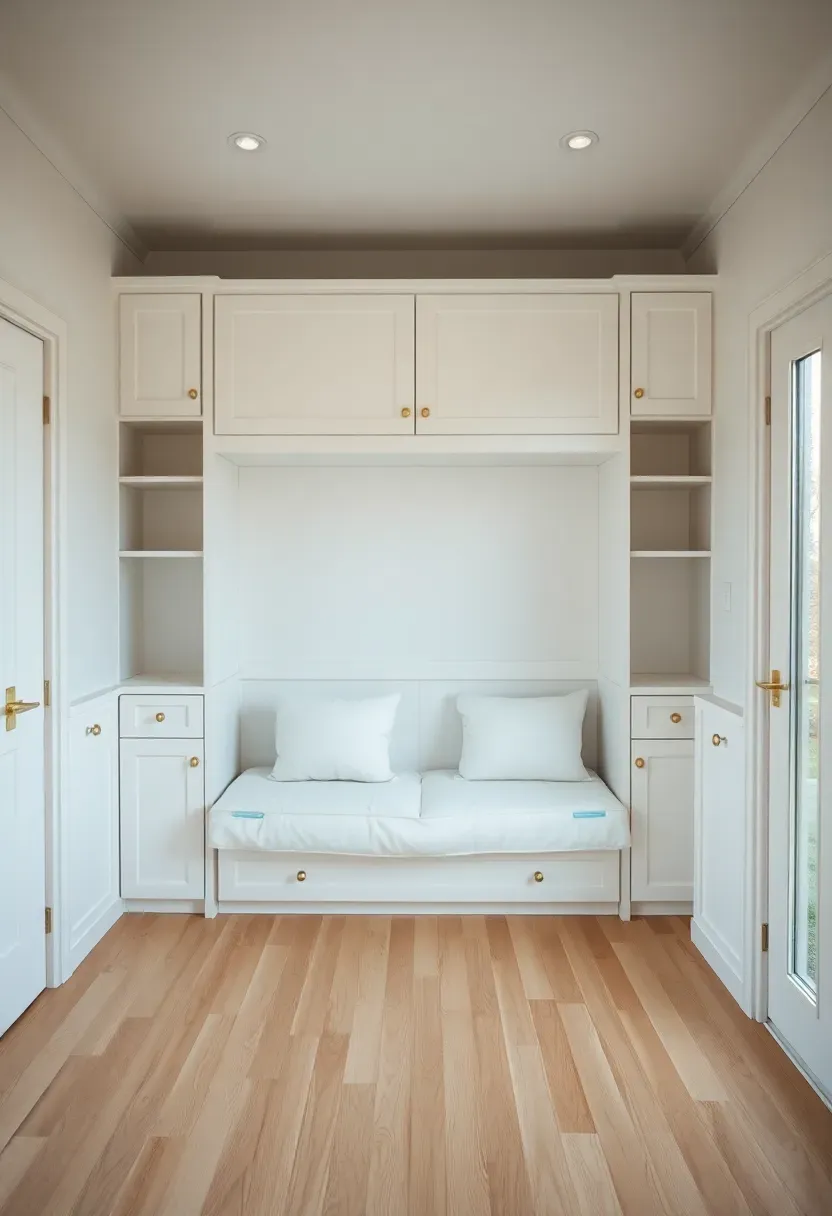 Hyper-realistic 3/4 view of tiny house with white built-in wall unit integrating murphy bed, sofa, and storage, showing all functions folded into wall when not in use, seamless integration with white walls, light oak floor, minimal visual clutter, feeling of expansive open space, large window. Materials: white built-ins matching wall color, light oak floor, white sofa cushions, brass hardware. Bright natural light, soft shadows, minimalist composition emphasizing built-in integration.</p>