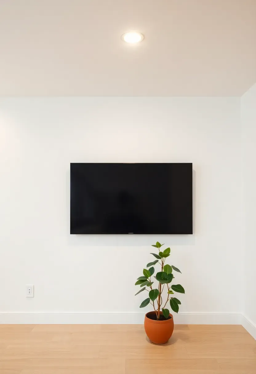 Clean minimalist white basement wall with a flush-mounted TV and completely hidden wiring for a sleek modern look