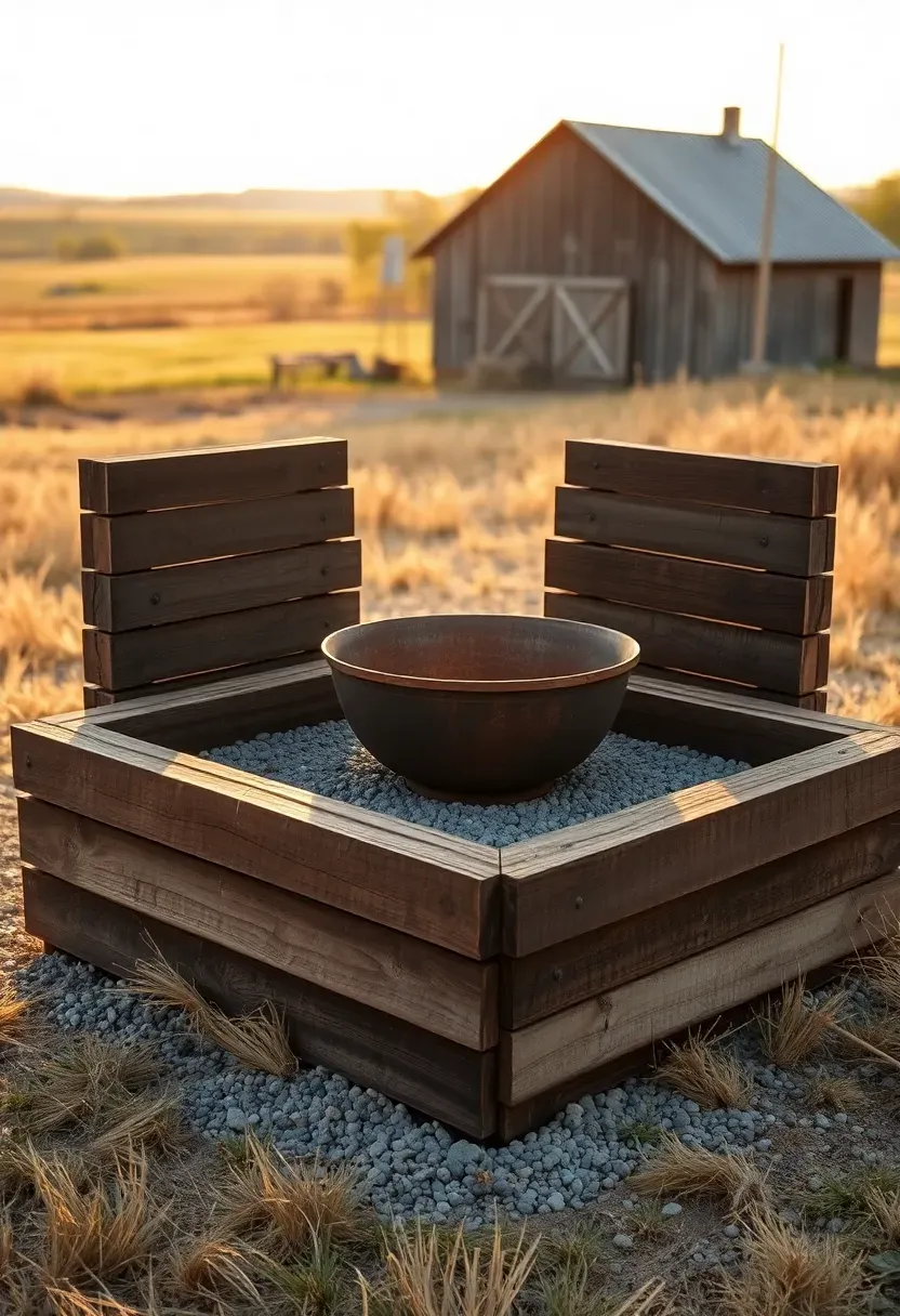 Stacked old railroad ties forming a square firepit surround with a gravel interior on a rural property