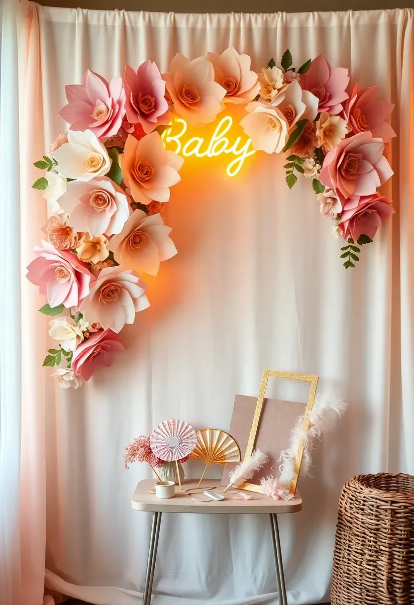 Giant paper flower photo booth for baby shower with blush and ivory flowers and warm neon glow