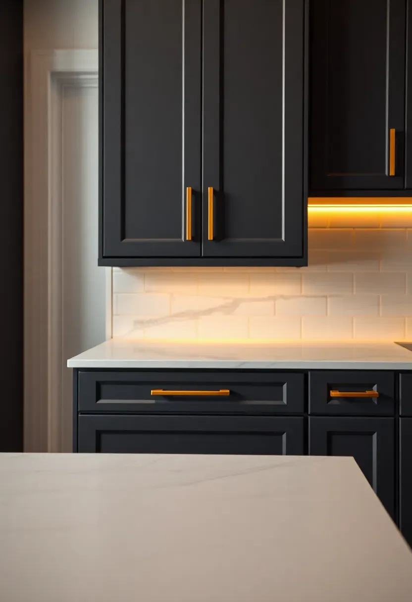 charcoal cabinets with brass hardware and warm kitchen lighting