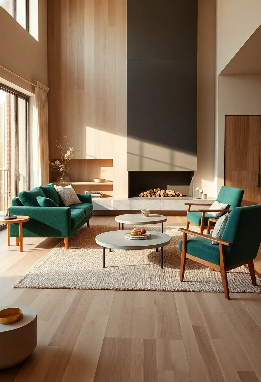 Symmetric seating around hearth with green sofa