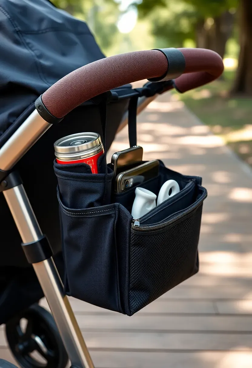 black stroller organizer caddy with cup holders phone pocket and zippered compartment attached to a stroller handlebar