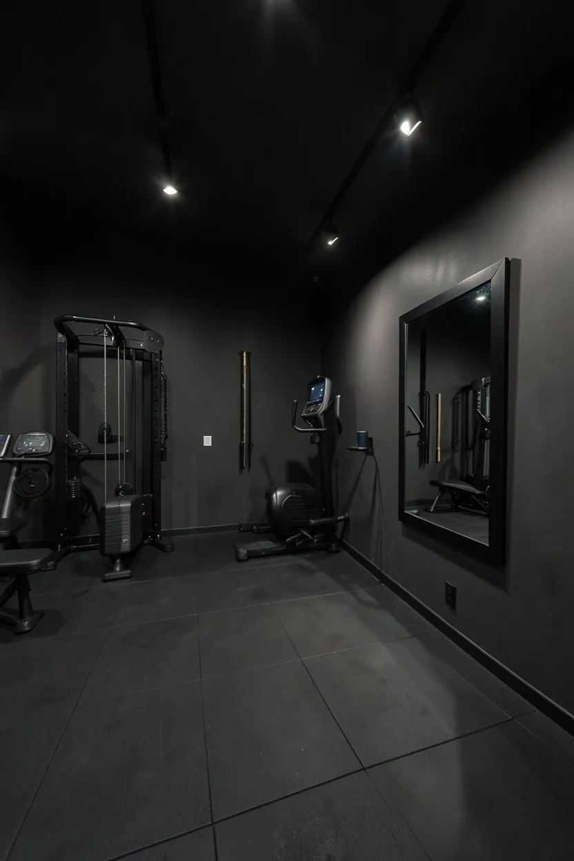 Dark and moody home gym with charcoal walls, black rubber flooring, focused track lighting, and a large framed mirror for a dramatic workout atmosphere