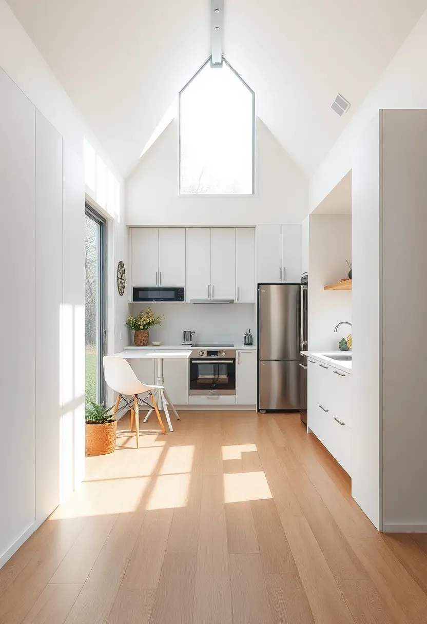 Hyper-realistic front view of modern tiny house living area with sliding panels partially open to reveal hidden kitchen. Materials: white lacquer panels, light wood flooring, stainless steel appliances, white quartz countertop. Soft diffused daylight from large window, creating gentle shadows and highlights. Contemporary minimalist aesthetic with panel half-open showing kitchen cabinetry behind. Clean composition with negative space. No text, no logos, interior design magazine style.</p>