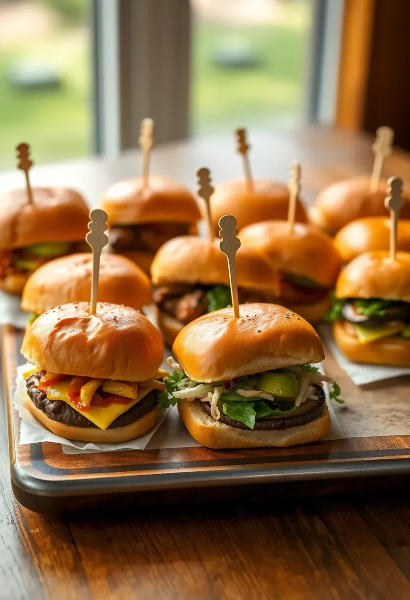 baby shower slider station with three types of mini burgers on a rustic wooden board: beef with cheddar, pulled chicken with slaw, and portobello mushroom with avocado