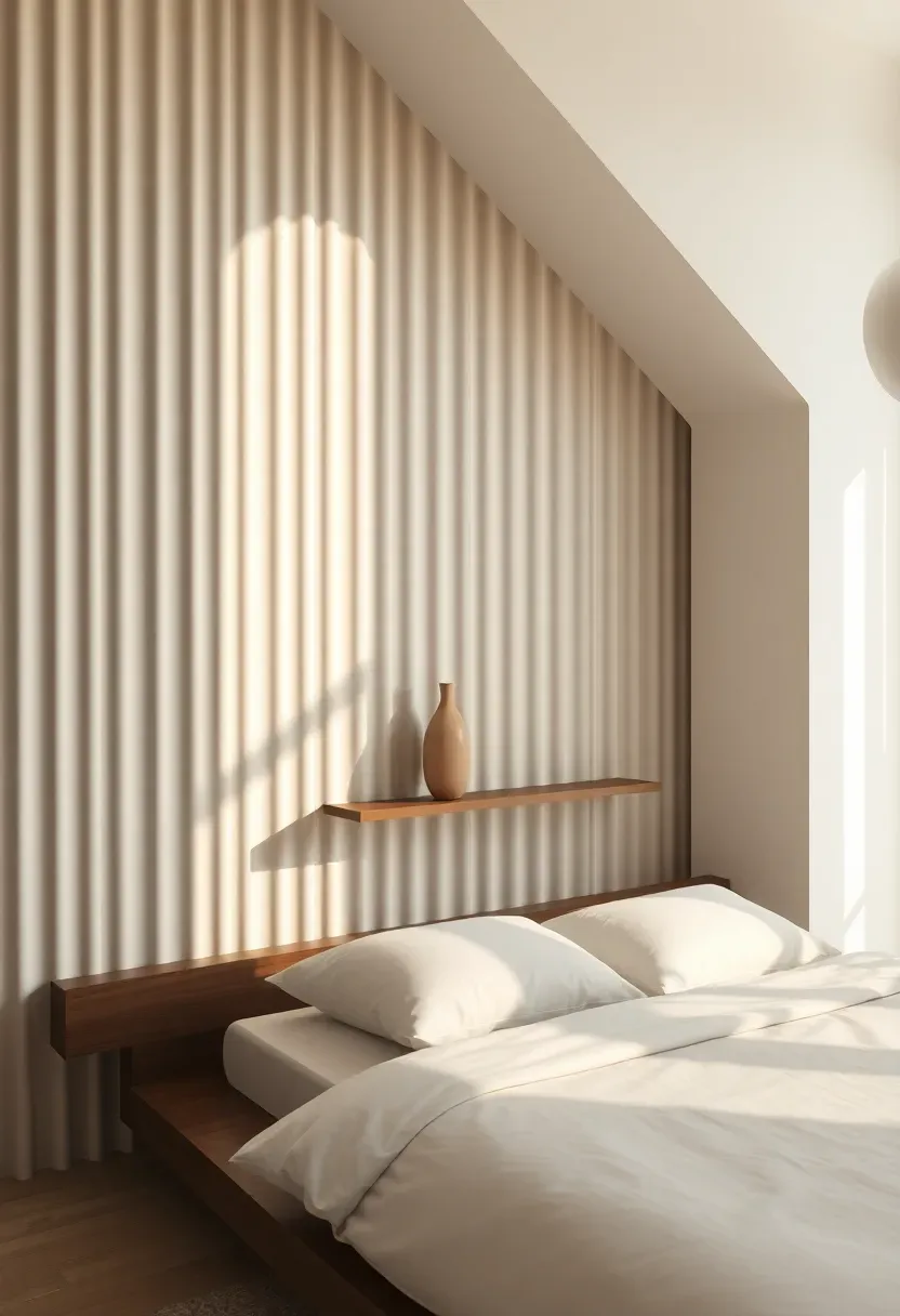 minimalist bedroom with a fluted plaster column accent wall in warm white creating vertical ribbed texture behind a simple platform bed