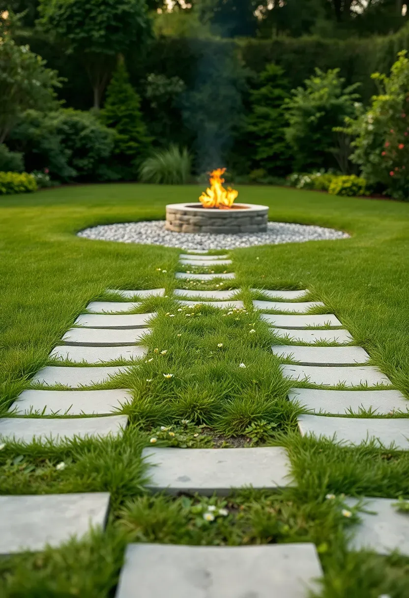 Stepping stone pathway through a green lawn leading to a circular fire pit area with low plantings