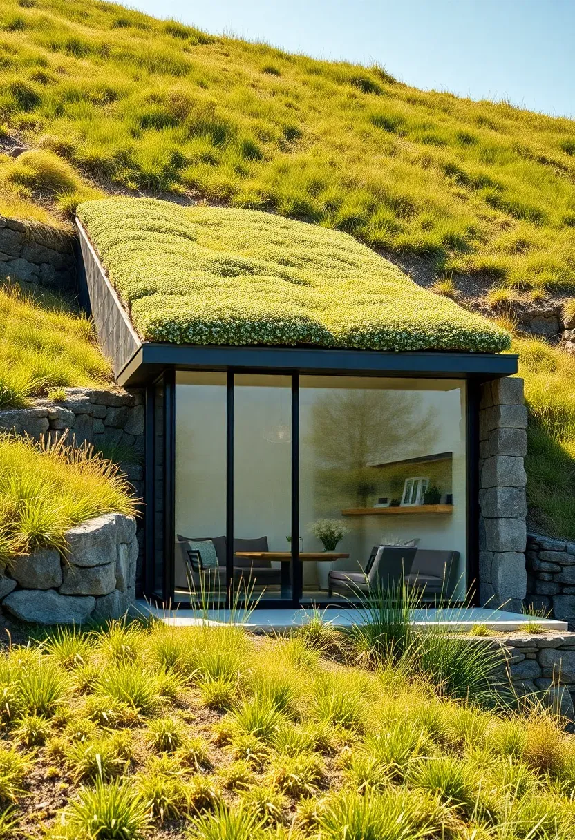 ADU built into a grassy hillside with a green roof blending into the slope above, a fully glazed front wall facing downhill, and a stone retaining wall on each side