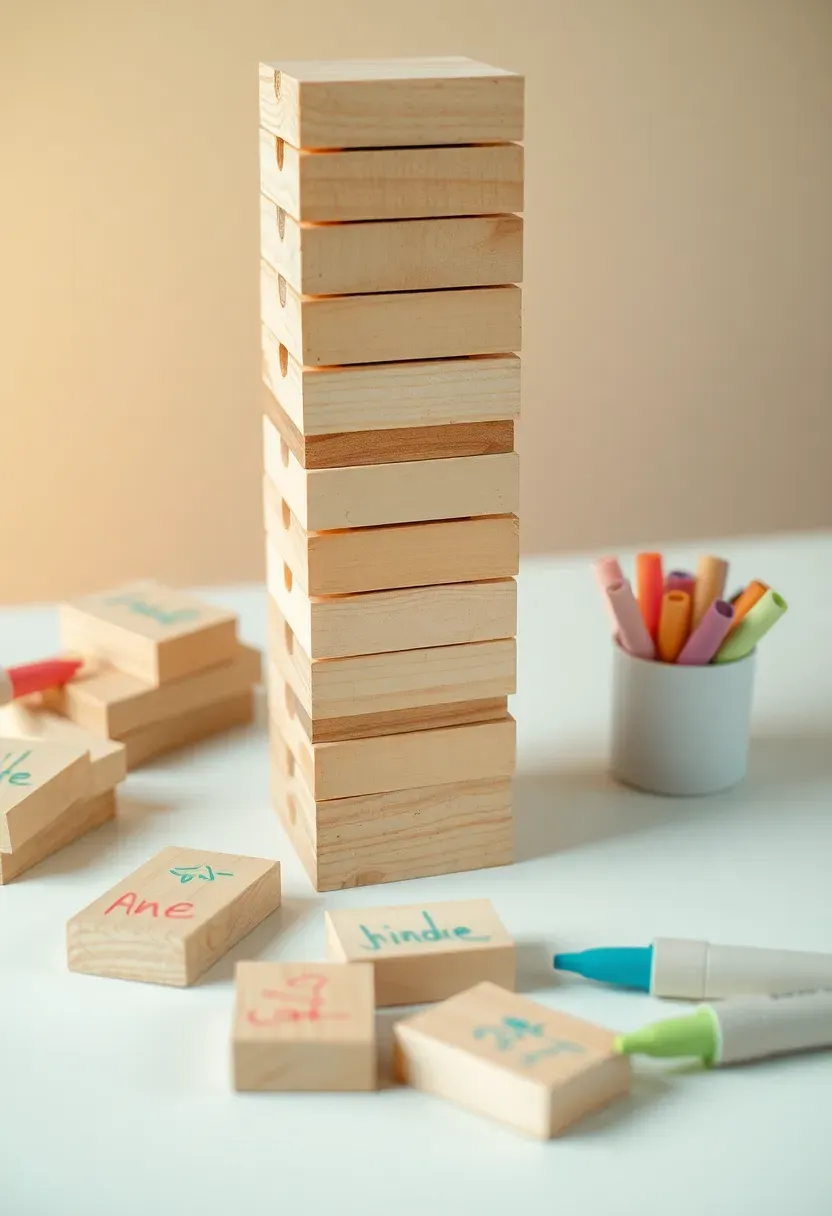 Jenga block tower at a baby shower guest book station with colorful markers beside wooden blocks covered in handwritten messages and wishes for the baby
