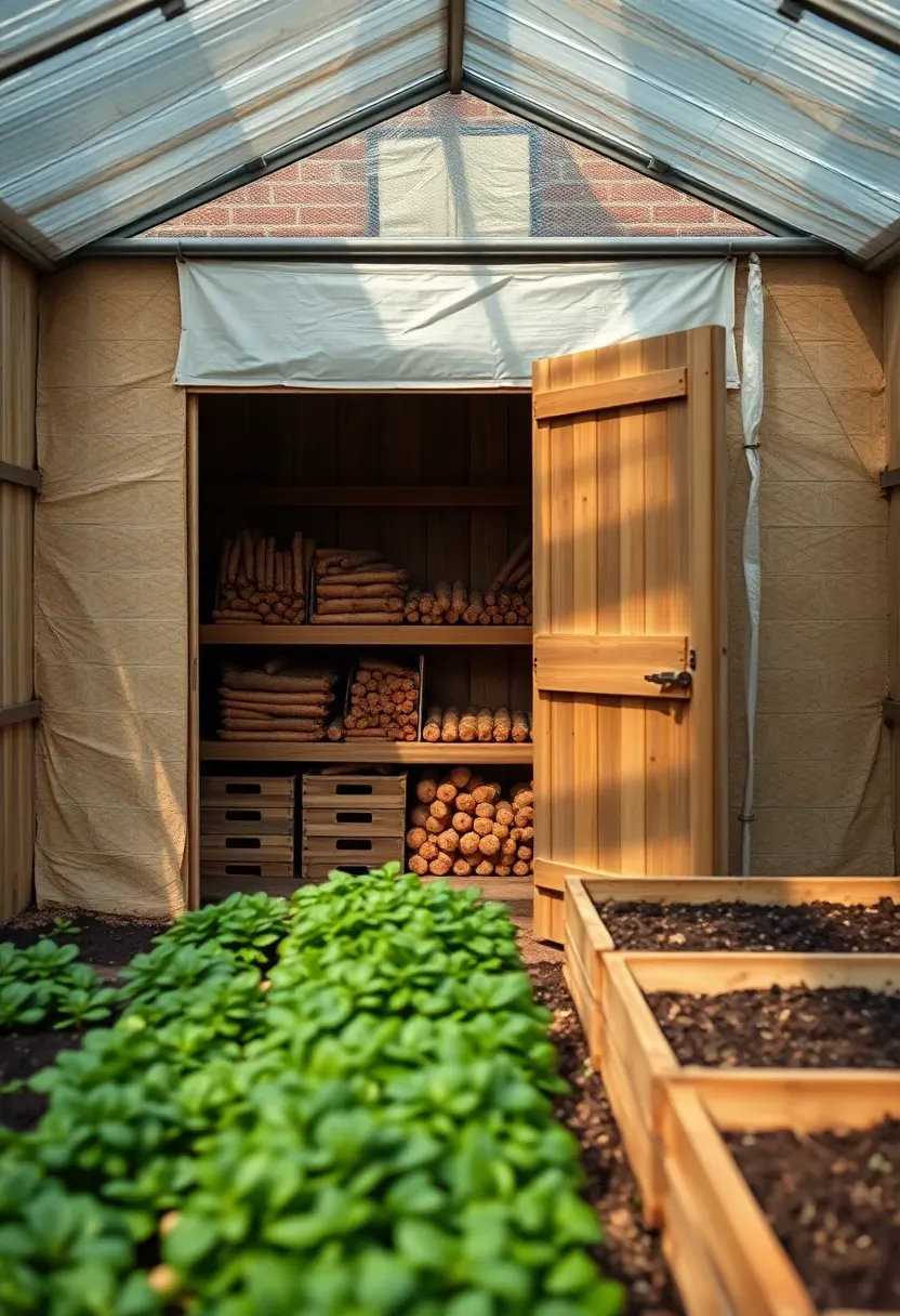 A greenhouse interior with a sunken root cellar area behind an insulated wall used for cold storage of harvested vegetables