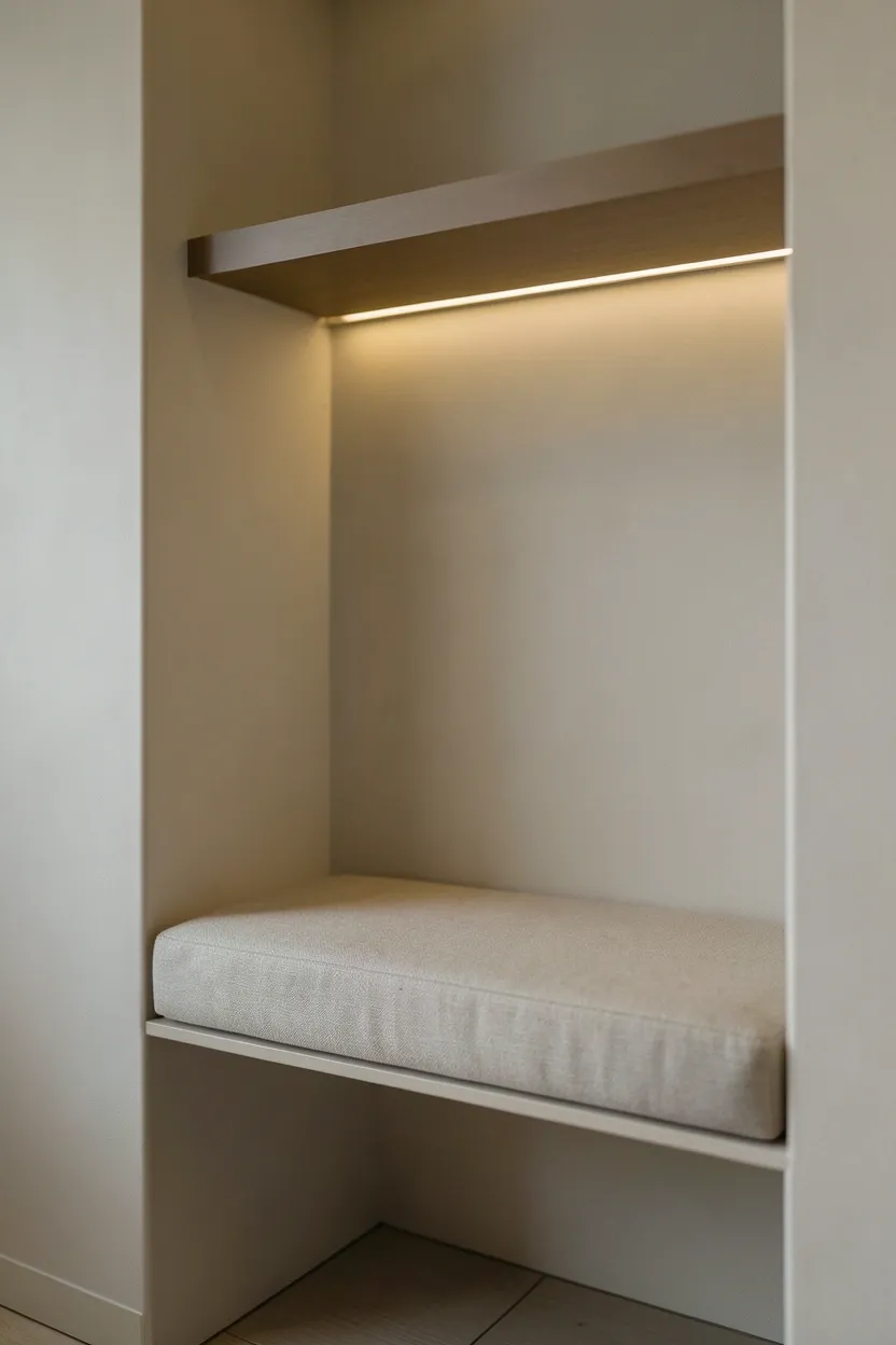 Shallow recessed wall nook with a built-in cushioned bench, LED strip lighting under a floating shelf, and a calm cream color palette — architectural bedroom reading alcove