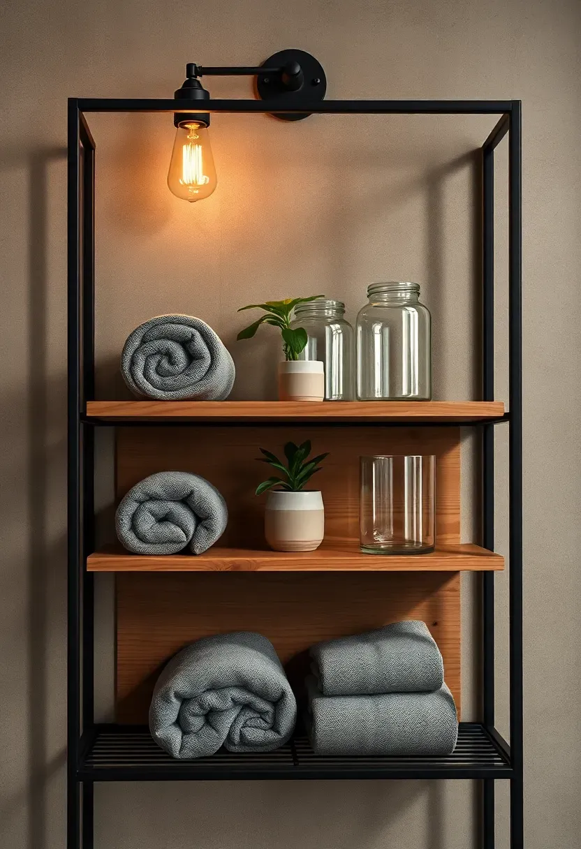 Industrial-style bathroom cabinet with black metal frame and reclaimed wood shelves holding towels and glass jars