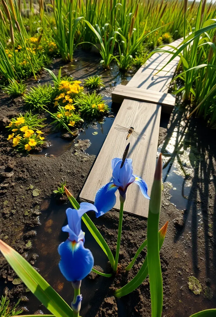 Shallow wildlife bog garden with standing water, water irises, cattails, and lily pads in a naturalistic backyard setting with a wooden boardwalk