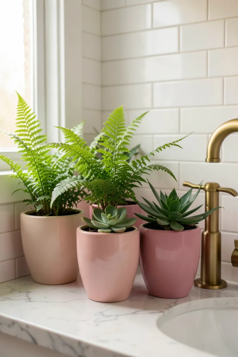 Grouping of blush and fuchsia ceramic plant pots with trailing pothos and ferns on bathroom shelf in small rental