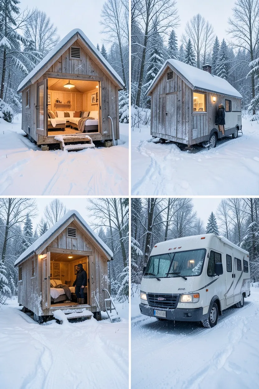 Tiny house in snowy winter landscape with warm interior light glowing from well-insulated windows, showing year-round weather resistance