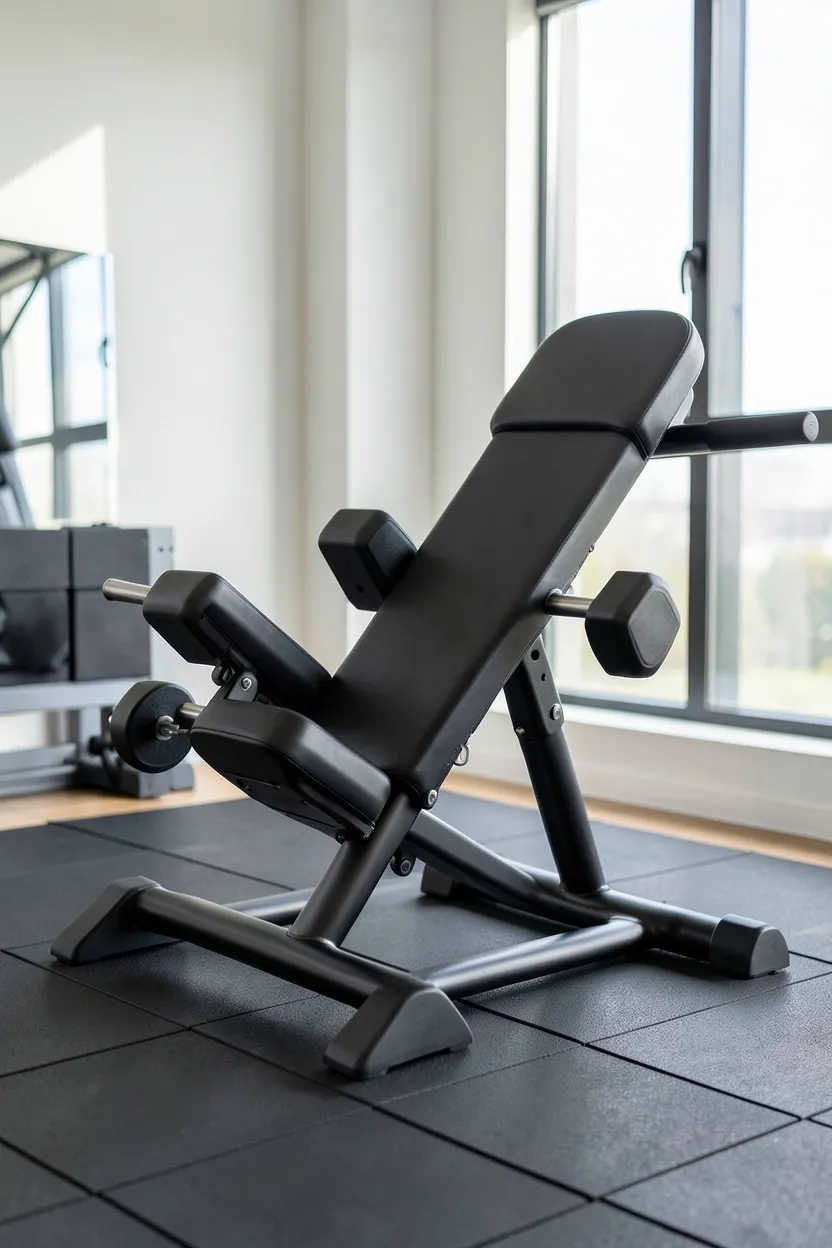 Black powder-coated adjustable weight bench at incline position in a small home gym — versatile strength training essential for apartment workouts