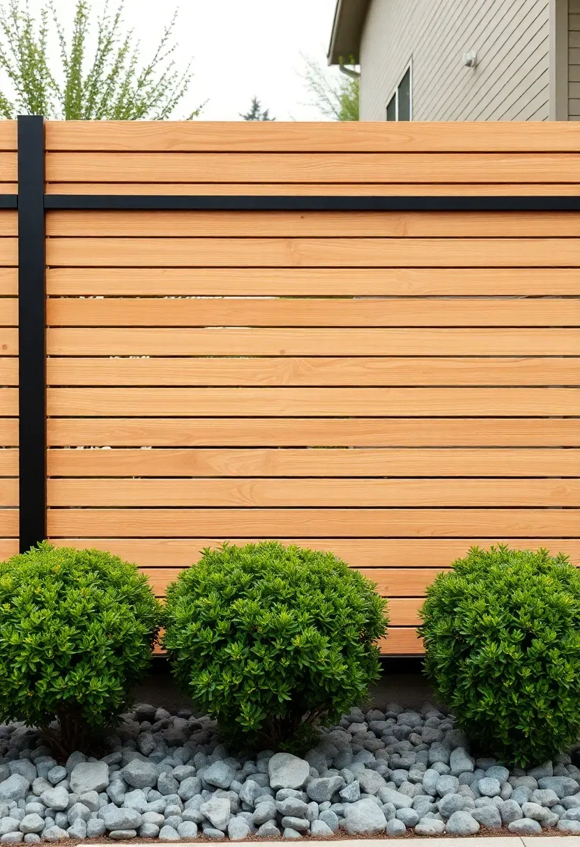 Modern horizontal slat privacy fence with evenly spaced natural wood planks and black metal posts in a landscaped yard