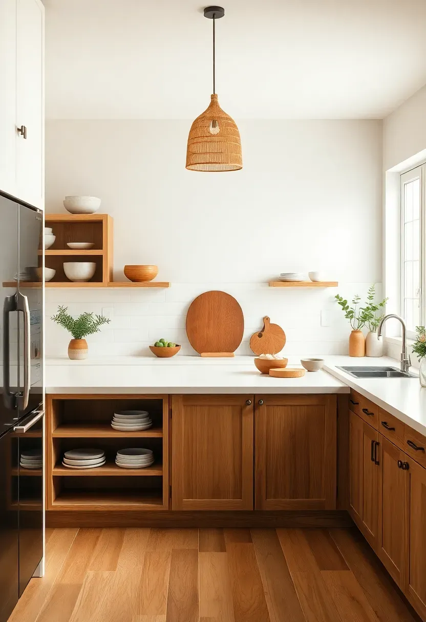 warm white and natural wood kitchen palette open shelving